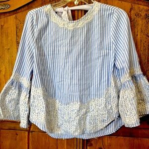 Blue and White Striped Blouse with Lace Accents by Zara